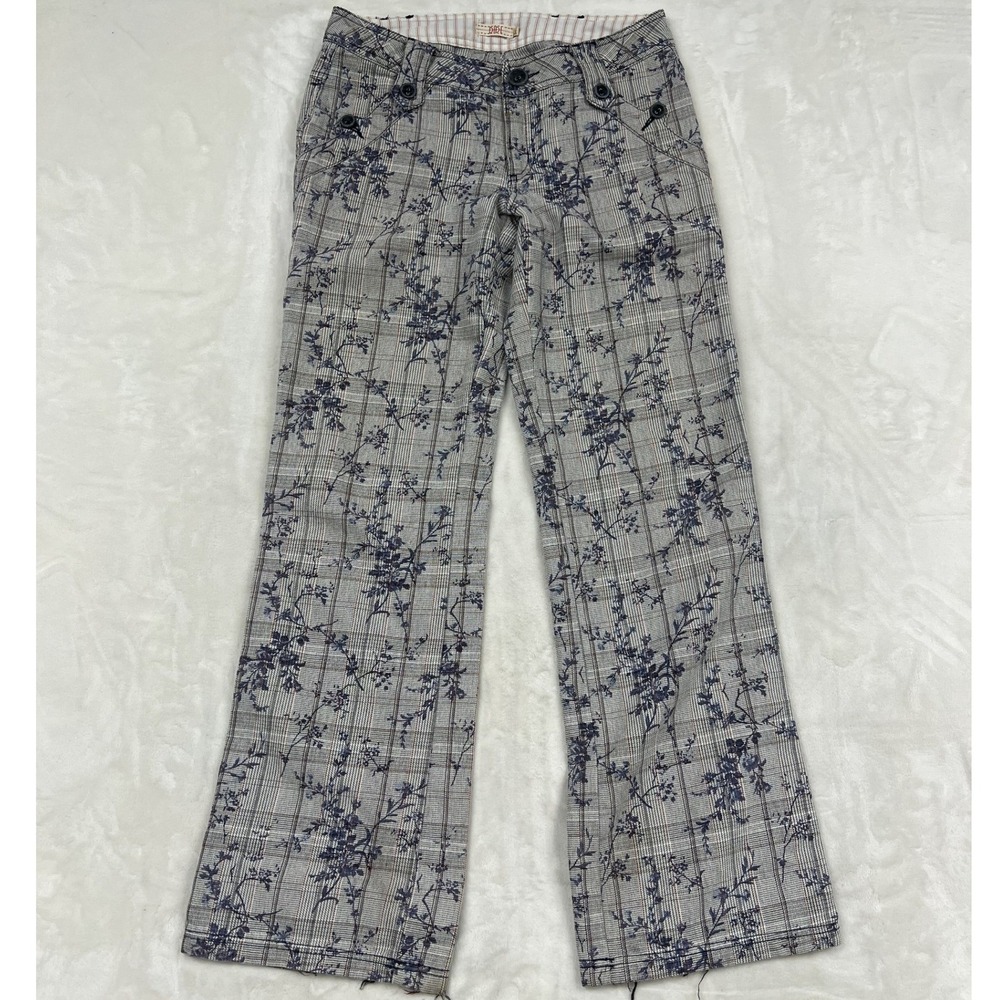 DIDI Plaid Floral Pants Womens 36 Grey Navy Low Rise Straight Distressed